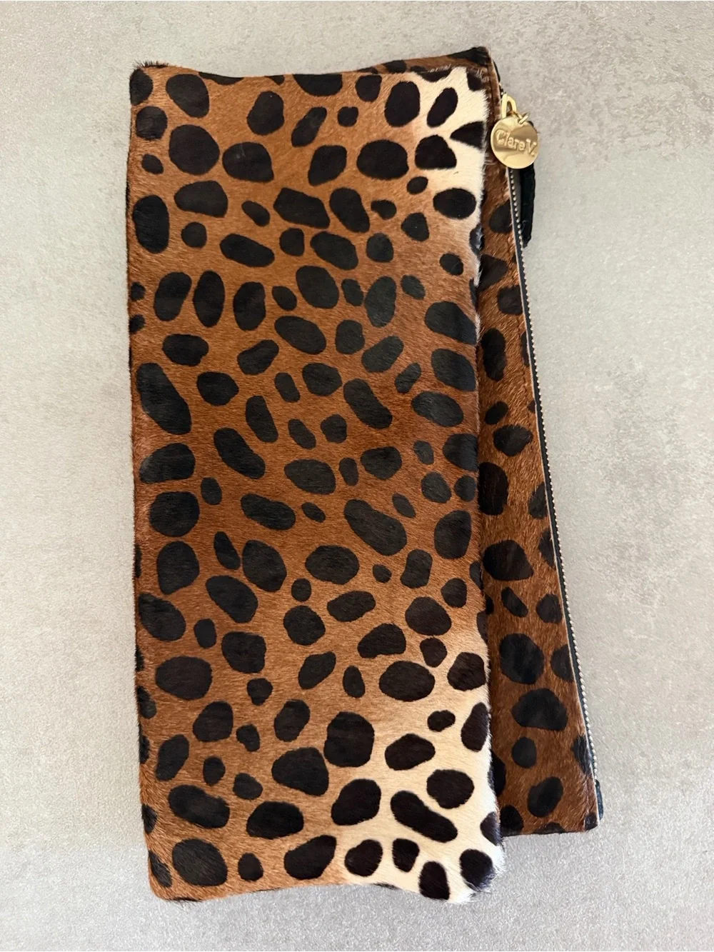 Clare V. Leopard Print Haircalf Zip Pouch Clutch